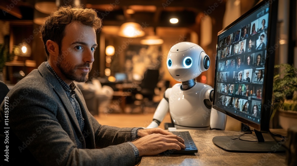 Poster man working with robot companion at computer