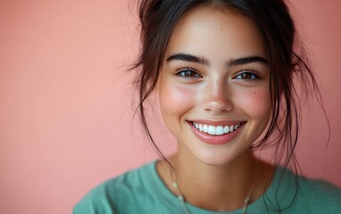Fototapeta premium Beauty girl smiling and wearing a t-shirt in studio color background