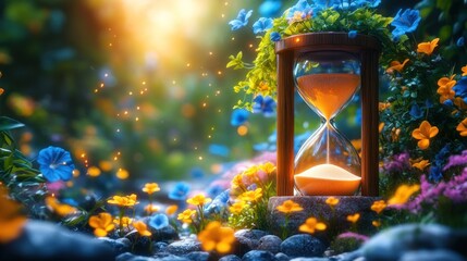 A serene hourglass surrounded by vibrant flowers in a magical, sunlit garden.