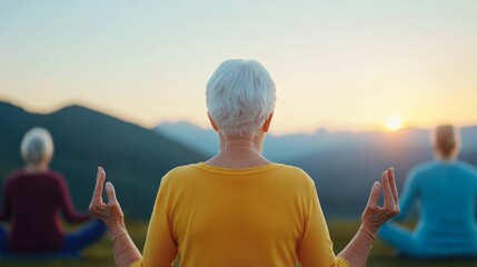 Serene Moments of Meditation at Sunset: Elderly Women Practicing Yoga in Nature, Embracing Tranquility and Inner Peace Amidst Scenic Mountains