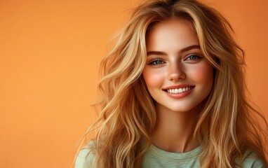 Naklejka premium Beauty girl smiling and wearing a t-shirt in studio color background