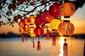 Mid-Autumn Festival:  Image of Vibrant Red Chinese Lantern Illuminated in Festive Setting