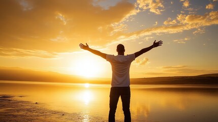 Fototapeta premium Young freemen silhouettes with open arms in prayer at sunset, technology