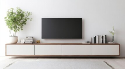 TV Wall Mockup with Decoration in Living Room and White Wall -  Design Concept