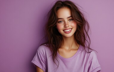 Fototapeta premium Beauty girl smiling and wearing a t-shirt in studio color background