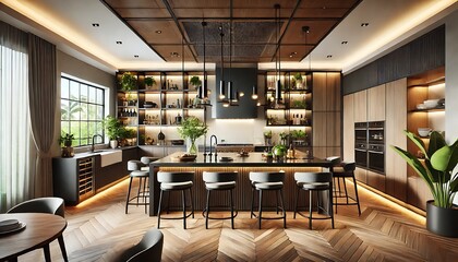 Obraz premium Modern Kitchen Interior with Island and Natural Accents
