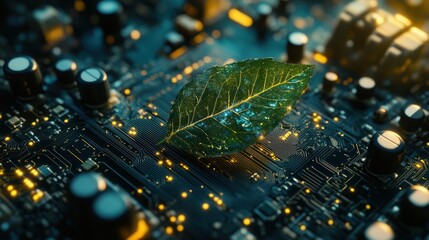 Fototapeta premium Green leaf on a circuit board. (1)