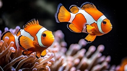 Clownfish group gracefully swimming around vibrant anemone in a captivating aquarium scene