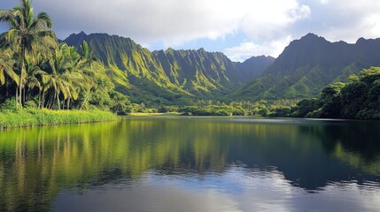 Serene Mountain Landscape with Lush Green Hills and Calm Water Reflection