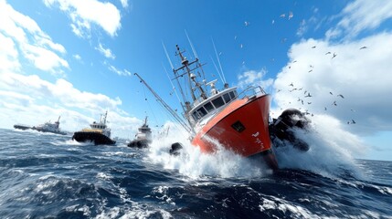 Obraz premium Rescue boats navigating turbulent waters with seagulls overhead.