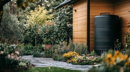 Naklejka premium Rainwater Harvesting System Featuring Water Tank and High-Quality Filtration Unit - Eco-Friendly Infrastructure Solution for Sustainability