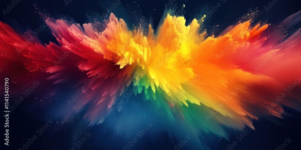 Poster vibrant iridescent abstract color splash on a deep black background with pastel hues exploding in dy