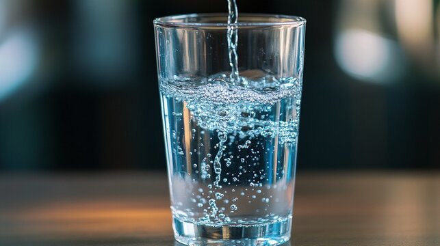 Vaso transparente con agua siendo servida, creando burbujas y movimiento sobre una superficie de madera