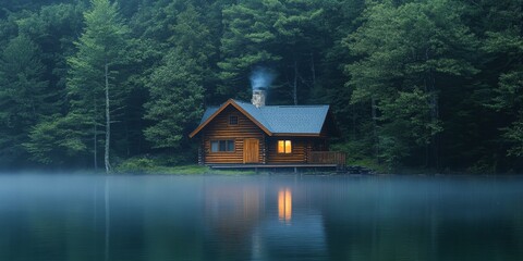Obraz premium lakeside cabin with mist rising from the water, Generative AI