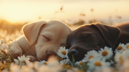 Puppy friendship softness concept. Playful puppies sleeping in flower field at sunset heartwarming nature scene tranquil atmosphere