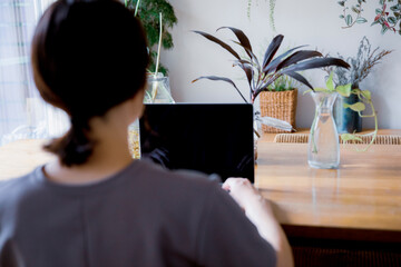 明るい植物のある窓辺の部屋でノートパソコンでオンライン授業,リモートワークをする日本人女性