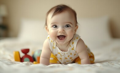 Fototapeta premium cute baby wearing yellow smiles and lies on the bed