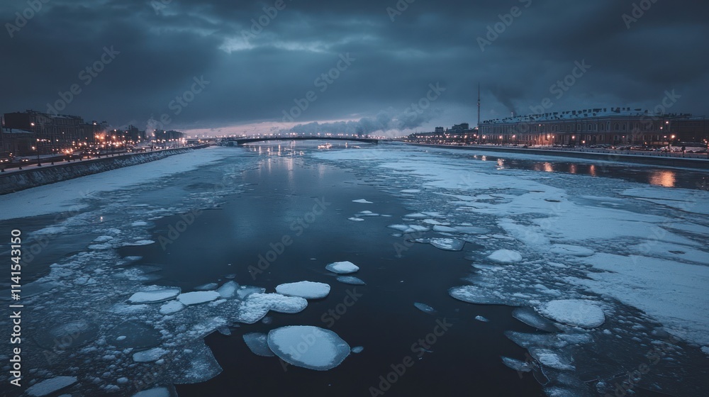Poster a winter scene of a river with ice and a city skyline under a moody sky at dusk.