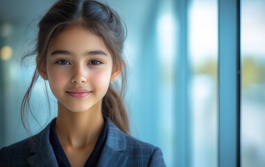 Fototapeta premium Young girl in a smart outfit standing near a large window with a bright background during the day