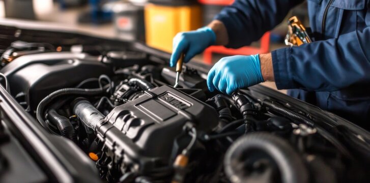 Professional mechanic repairing a car engine in a garage for automotive repair service. Concept of car maintenance
