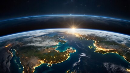 view of Earth with luminous urban areas glowing vividly, thin layers of light clouds gently covering parts of the globe, and the deep expanse of space framing the scene 