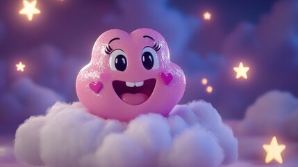 Pink heart character smiling on a cloud with stars.