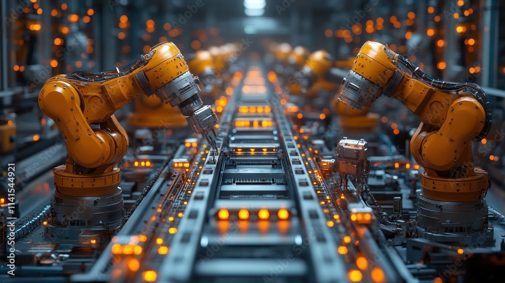 Poster industrial robots working on automated assembly line