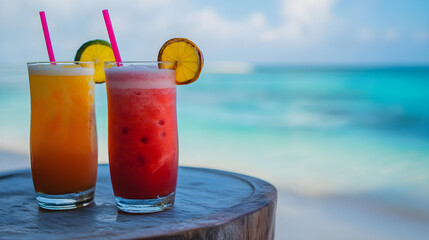 Fototapeta premium Two colorful tropical drinks on a small table near the water, with the beach in the background