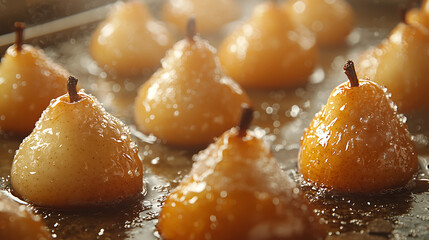 Caramelized pears on a baking tray glistening in golden syrup