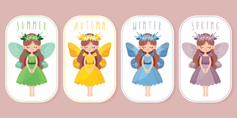 set of fairy stickers of different seasons of the year flat illustration