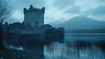 Majestic castle ruins beside serene lake under moody blue sky at dusk