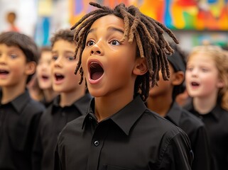Obraz premium Children sing joyfully during a music class at a vibrant education center in the afternoon