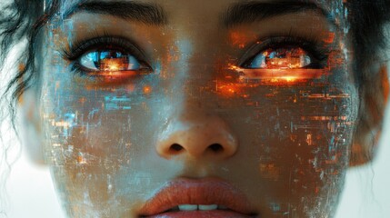 Woman's face, futuristic, digital overlay, glowing eyes.