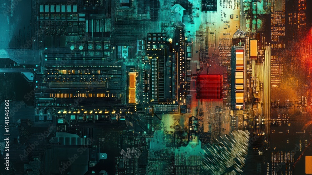 Aufkleber abstract digital art depicting a futuristic cityscape with vibrant colors and intricate patterns.