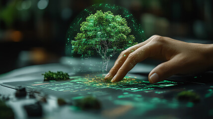 A hand interacting with a digital tree representation on a high-tech interface.