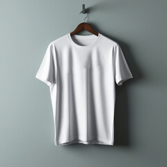 Blank White T-Shirt Mockup on Wooden Hanger Against Neutral Wall Background