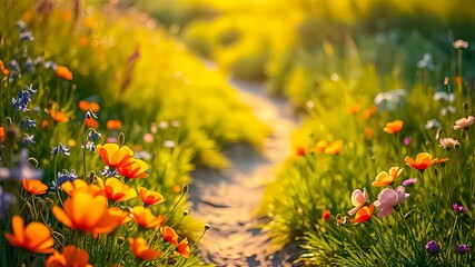 Golden Hour Meadow Path A Serene Landscape of Blooming Wildflowers
