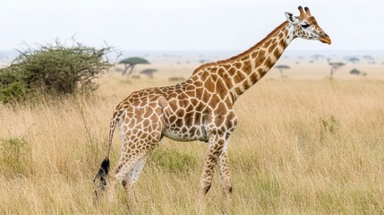 Fototapeta premium Majestic Giraffe Standing Gracefully in African Savanna Landscape