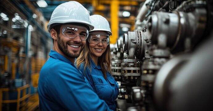 Two workers in blue uniforms are smiling for the camera
