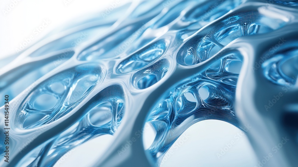 Poster abstract representation of fluid dynamics with interconnected bubbles and transparency.
