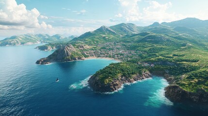 Fototapeta premium A beautiful ocean view with a small town in the distance