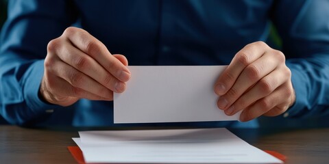 Obraz premium Focused shot of a salesperson sealing an envelope with dedication and professionalism in a bright office setting.