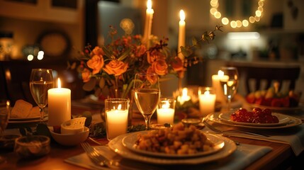 a beautifully set table for a romantic dinner, with candles, flowers, and a delectable multi-course meal
