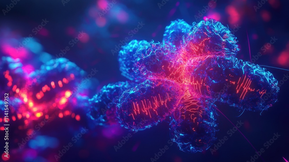 Poster abstract representation of molecular structures with vibrant colors and glowing effects.