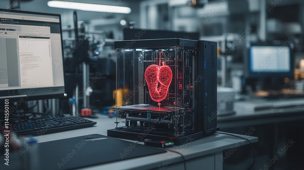 Poster A 3D printer displays a translucent red heart model in a modern lab, showcasing advanced technology in medical applications.