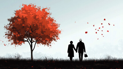 Unity and hope on World Parkinson's day: a couple walking under an autumn tree. Horizontal banner. Copy space. Brain dysfunction. Memory loss, degenerative disorder. Taking care of mental health