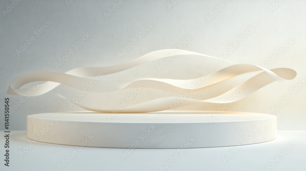 Poster abstract sculpture with flowing ribbons on a circular pedestal, softly illuminated.