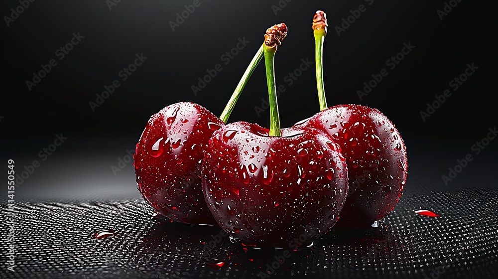 Poster close-up of three juicy red cherries with water droplets on a dark sleek surface : generative ai