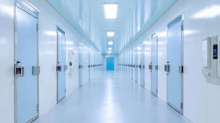 Clean and Modern Interior of a Self-Storage Facility with Bright Lighting and White Walls Showcasing Multiple Secure Units Along a Long Corridor