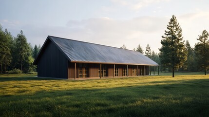 Obraz premium Modern architectural design of a serene countryside house surrounded by lush green grass and tall trees under a clear blue sky in natural sunlight.
